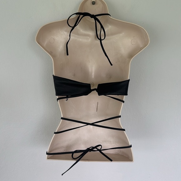 ZARA black leather strappy lace up bandeau v-cut halter crop top size small - Picture 10 of 13